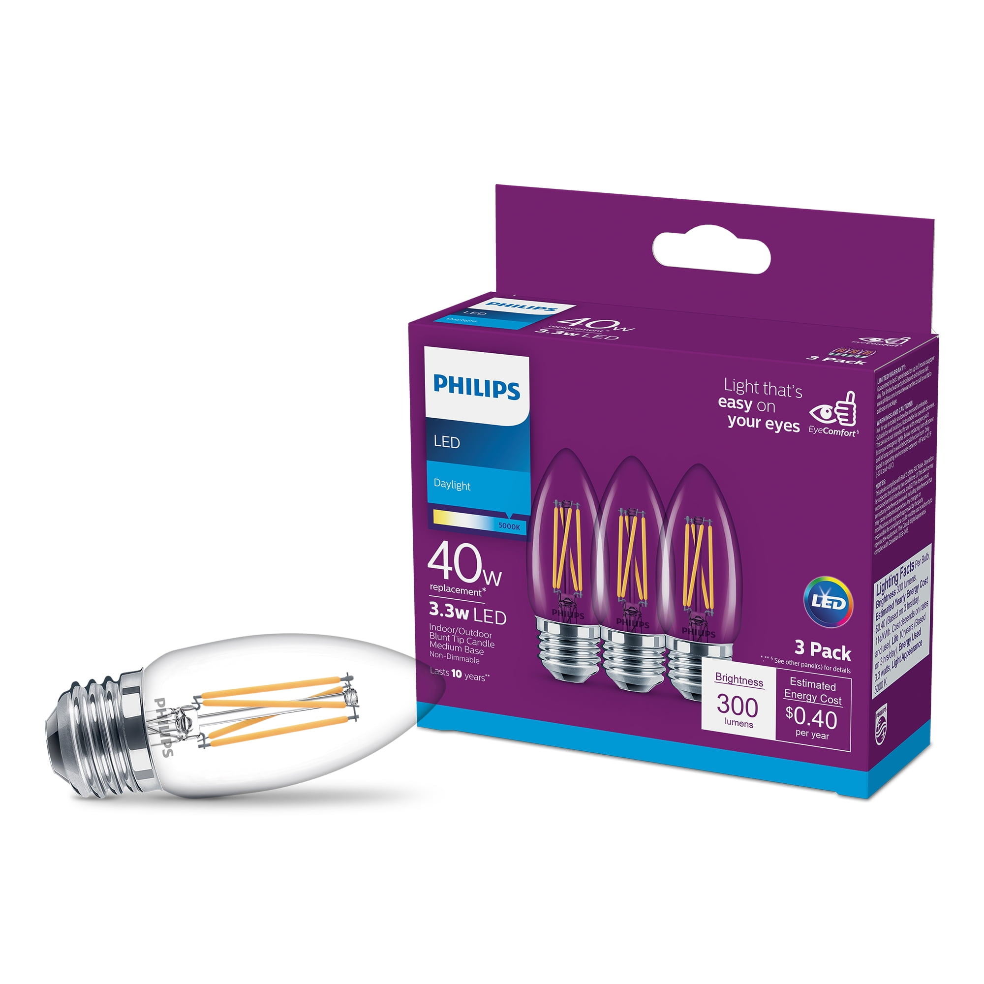 Philips LED 40-Watt B11 Filament Clear Light Bulb, Soft White, Non-Dimmable, E26 Medium Base (3-Pack) -