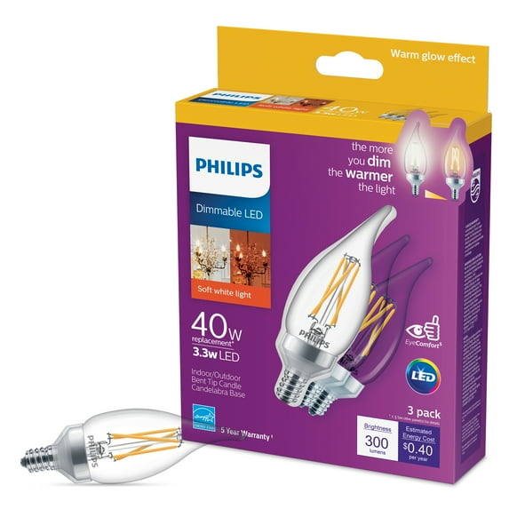 Philips Vintage LED 40-Watt BA11 Filament Candle Light Bulb, Clear Soft White Warm Glow, Dimmable, E12 Base (3-Pack)