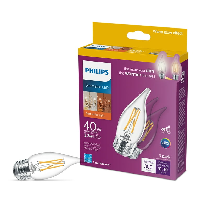 Philips Vintage LED 40 Watts BA11 Filament Candle Bent Tip Light Bulb, Clear  Soft White Warm Glow, Dimmable, E26 Base (3-Pack) 