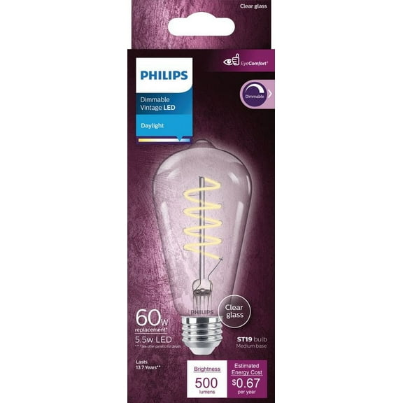 Philips Vintage LED 60-Watt ST19 Spiral Filament Light Bulb, Clear, Daylight, E26 Base (1-Pack)