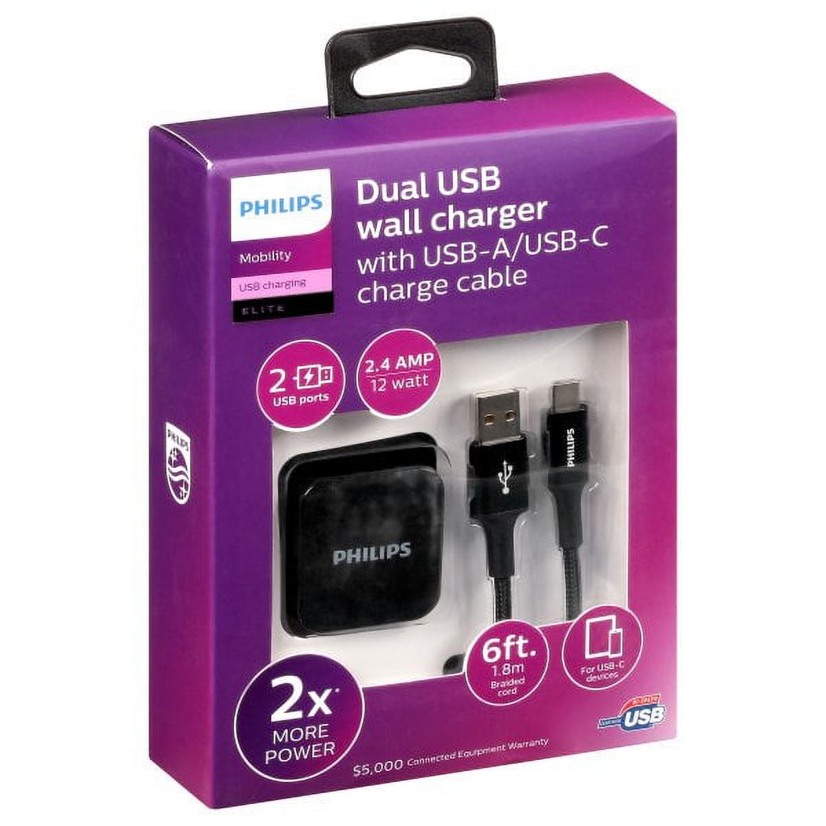 Philips Wall Charger Charging Kit, 2 Port, 12W, USB-A to USB-C, 6ft  Braided, for iPhone 12/11/Pro/Max/XS/XR/X/8, iPad Pro, Samsung Galaxy  S21/S10/S9/Plus, Google Pixel 5/C/3/2/XL, Black, DLP6212C/37