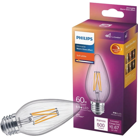 Philips Warm Glow 60W Equivalent Soft White F15 Medium Dimmable Post LED Decorative Light Bulb