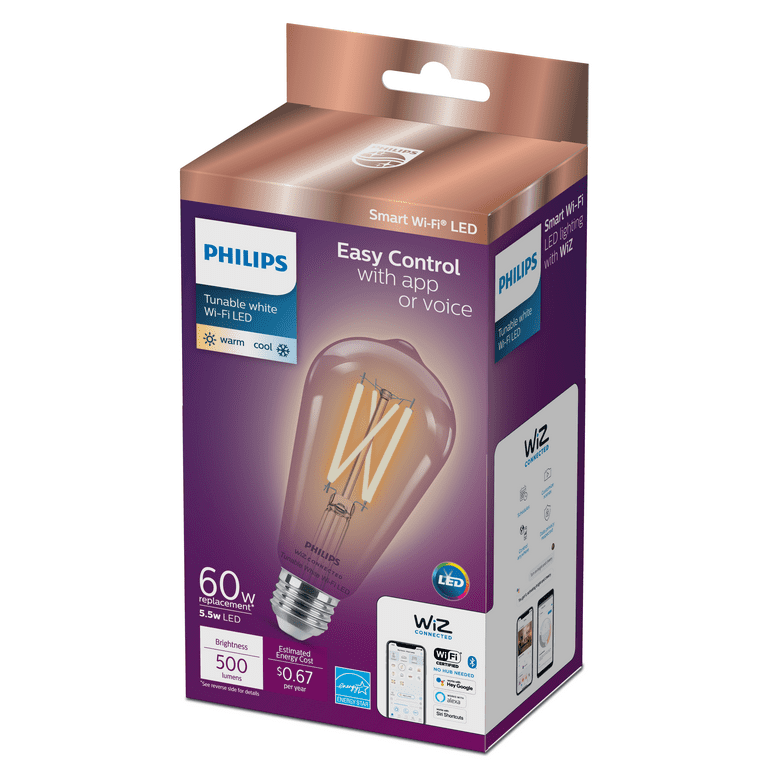 Philips 567172 Tunable White ST19 60W Equivalent Dimmable Smart Wi-Fi Wiz Connected Vintage Edison LED Light Bulb