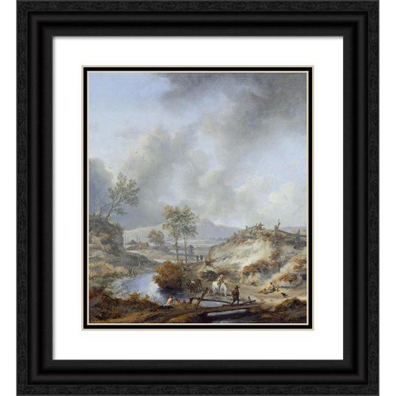 Philips Wouwerman 20x22 Black Ornate Framed Double Matted Museum Art Print Titled: A Stream in Hilly Country (Late 1650s)