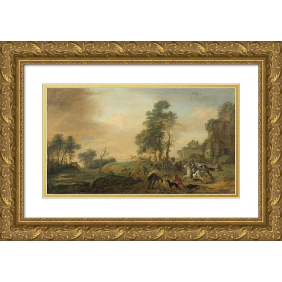 Philips Wouwerman 24x15 Gold Ornate Framed and Double Matted Museum Art Print Titled - A Stag Hunt