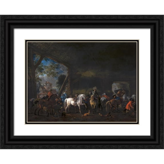 Philips Wouwerman 24x19 Black Ornate Framed Double Matted Museum Art Print Titled: The Arrival at the Stable (C. 1660 - 1670)