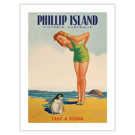 Phillip Island - Victoria Australia - Take a Kodak - Bathing Beauty with Penguin - Victorian Railways - Vintage Travel Poster by M. Newman c.1930 - Bamboo Fine Art 290gsm Paper (Unframed) 12x16in