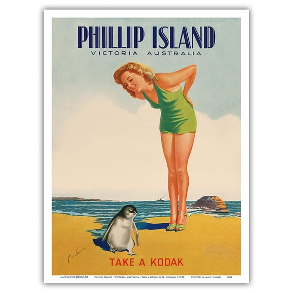 Phillip Island - Victoria Australia - Take a Kodak - Bathing Beauty with Penguin - Victorian Railways - Vintage Travel Poster by M. Newman c.1930 - Master Art Print (Unframed) 9in x 12in