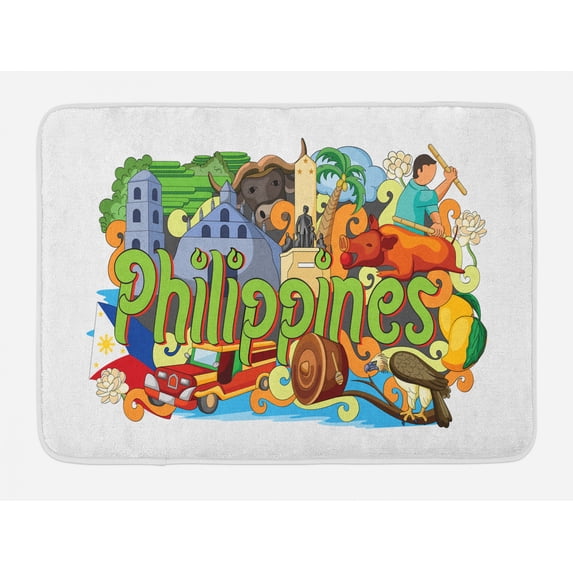 Phillipine Bath Mat, Colorful Illustration of Doodle Showing Architecture and Culture of Philippines, Plush Bathroom Decor Mat with Non Slip Backing, 29.5" X 17.5", Multicolor, by Ambesonne