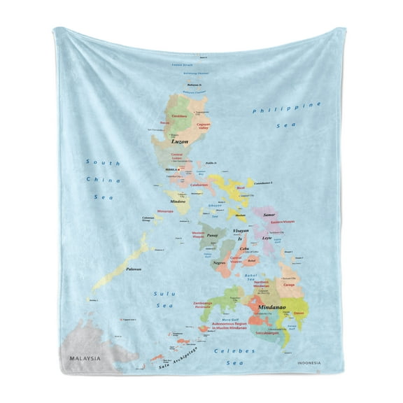 Phillipine Soft Flannel Fleece Throw Blanket, Philippines Administrative Political Map Cities and Seas Cartography Themed, Cozy Plush for Indoor and Outdoor Use, 50" x 70", Multicolor, by Ambesonne