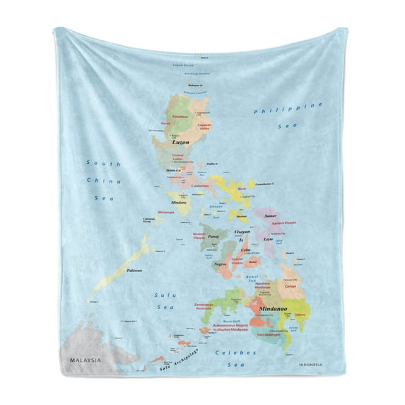 Phillipine Soft Flannel Fleece Throw Blanket, Philippines Administrative Political Map Cities and Seas Cartography Themed, Cozy Plush for Indoor and Outdoor Use, 60" x 80", Multicolor, by Ambesonne