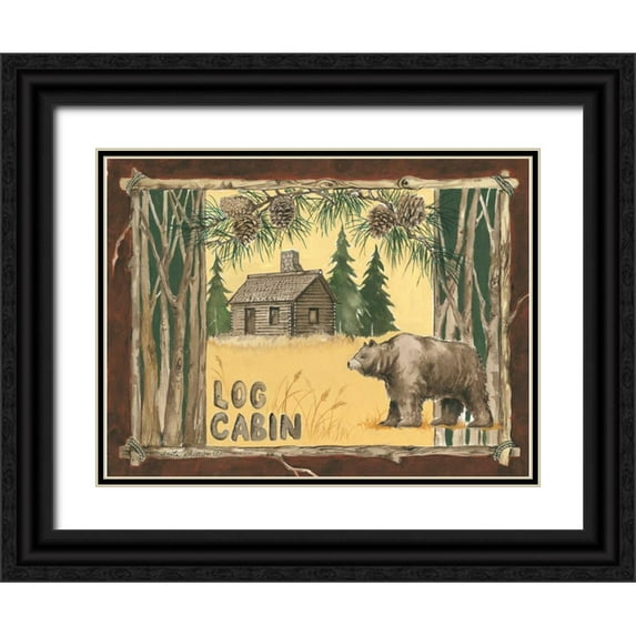 Phillips, Anita 14x12 Black Ornate Wood Framed with Double Matting Museum Art Print Titled - Log Cabin Bear