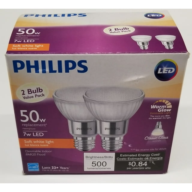 Phillips LED 50-Watt PAR20 Indoor Floodlight, Soft White, Dimmable, E26 Medium Base (2 Pack)