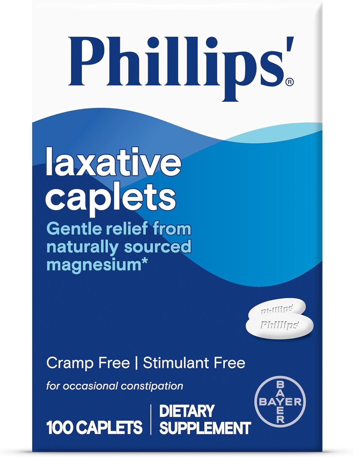  Phillips' Laxative Caplets, With Naturally Sourced Magnesium  Supplement for Gentle Relief of Occasional Constipation, Cramp and  Stimulant Free Laxatives, 100 Caplets : Health & Household