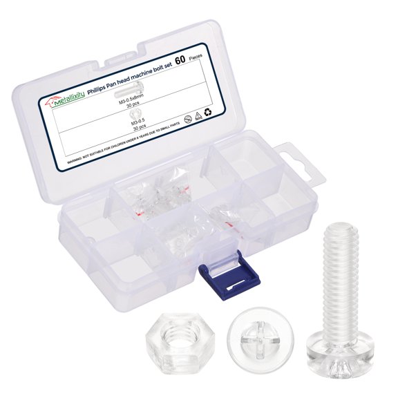 Phillips Pan Head Bolts Kit M3-0.5x8 60Pcs PC with Hex Nut for Door Window