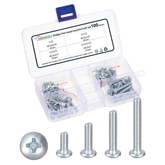 Phillips Pan Head Machine Bolts Assortment Kit (#8-32) 100Pack, Carbon Steel Pan Head Mounting Screws - for Home Door Window Installment Electrical DIY