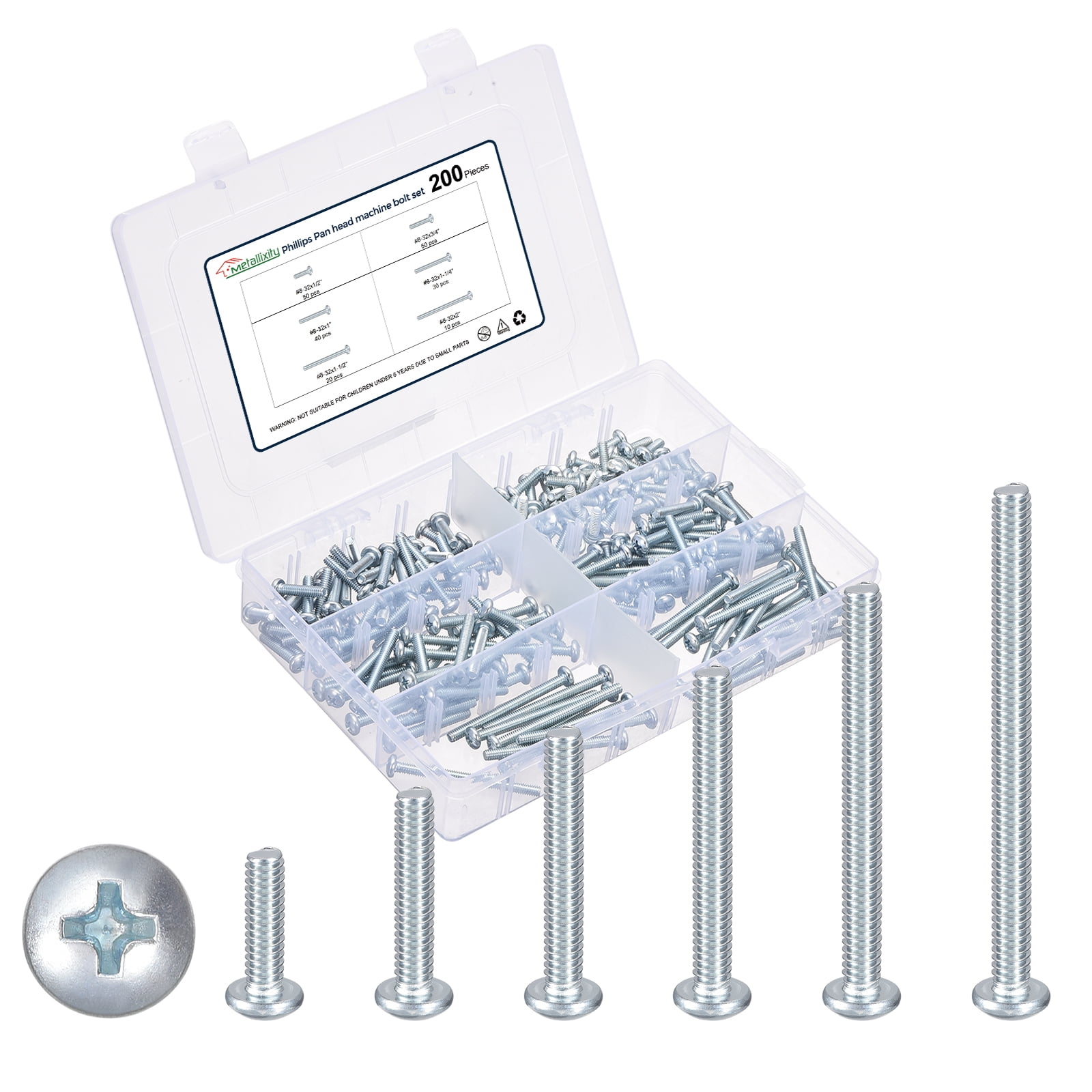 Phillips Pan Head Machine Bolts Assortment Kit (#8-32) 200Pack, Carbon Steel Pan Head Mounting Screws - for Home Door Window Installment Electrical DIY