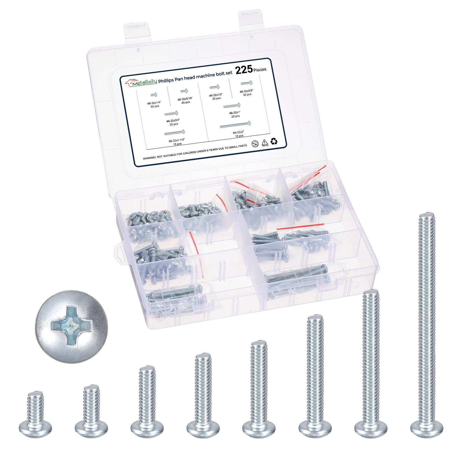 Phillips Pan Head Machine Bolts Assortment Kit (#8-32) 225Pack, Carbon Steel Pan Head Mounting Screws - for Home Door Window Installment Electrical DIY