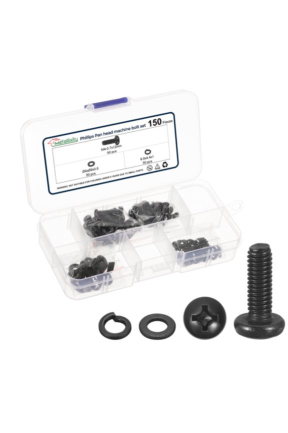 Phillips Pan Head Machine Bolts Assortment Kit (M4-0.7x12) 150Pack, Carbon Steel Pan Head Mounting Screws with Washers - for Home Door Window Installment Electrical DIY