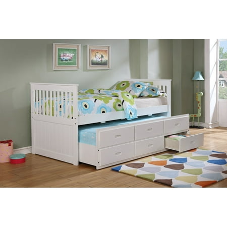 Phillips Twin Size Captain Bed with Trundle Bed & 3 Drawers, White