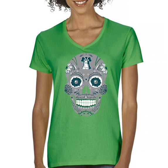 Philly Thing Sugar Skull Women's V-Neck T-shirt Day of the Dead Dia de los Muertos