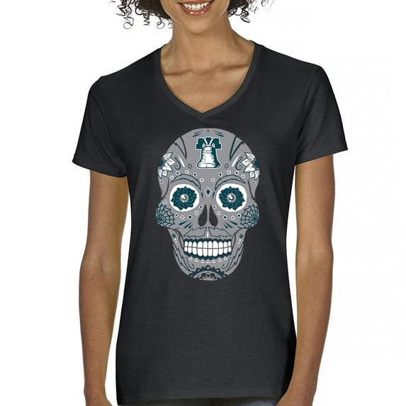 Philly Thing Sugar Skull Women's V-Neck T-shirt Day of the Dead Dia de los Muertos