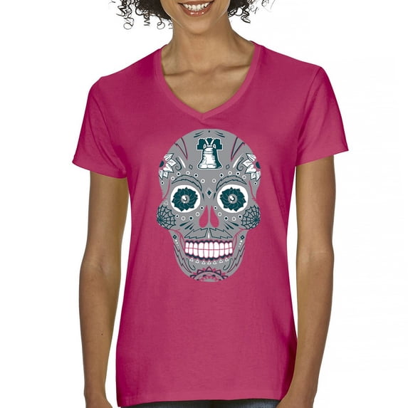 Philly Thing Sugar Skull Women's V-Neck T-shirt Day of the Dead Dia de los Muertos