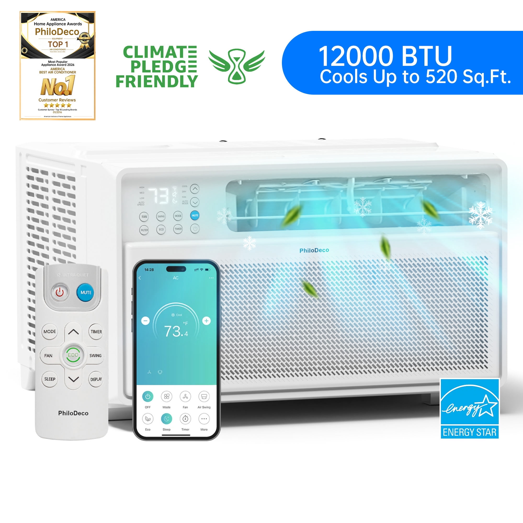 PhiloDeco Energy Star Window Air Conditioner,12000 BTU 520 sq ft. Air Conditioner Window unit with Wifi Inverter Ac, Remote Control, Ultra Quiet & Easy Installation, ECO/24 Timer/Auto Restart