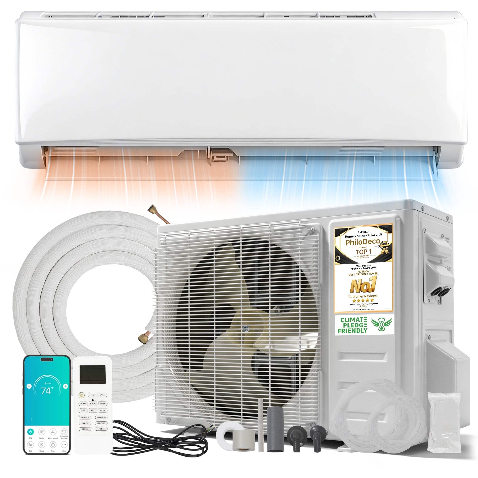 PhiloDeco 18000 BTU Mini Split AC/Heating System Mini Split AC Unit Inverter Heating and Cooling, 230V Energy Efficient Ductless Air Conditioner Up to 1250sq.ft, Pre-charged System, Installation Kit