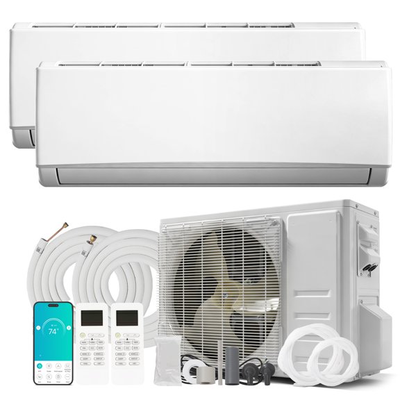 PhiloDeco 2-Zone 24000 BTU Ductless Mini Split System – Dual 12000+12000 BTU Wi-Fi Inverter AC/Heater, 20 SEER Energy-Saving Wall-Mounted Units with Pre-Charged Condenser & 25-Ft Line Sets, 208-230V