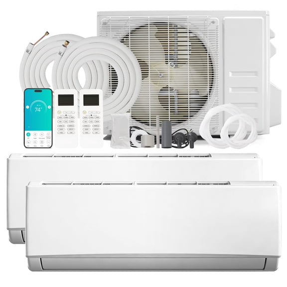 PhiloDeco 2-Zone 18000 BTU Wi-Fi Inverter Mini Split – Dual 12000+12000 BTU Wall-Mounted Heat Pump System, 20 SEER Energy-Saving Performance with Pre-Charged Condenser & 25-Ft Lines, 208-230V