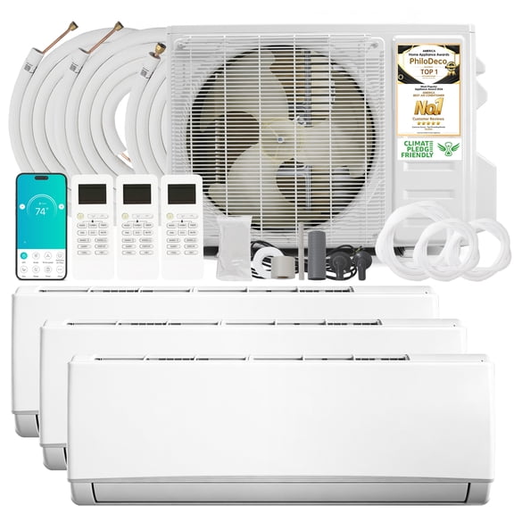 PhiloDeco 3-Zone 36000 BTU 20 SEER2 Wi-Fi Ductless Mini Split – 12k+12k+18k BTU, Pre-Charged Condenser, 3x 25-Ft Lines, 208-230V
