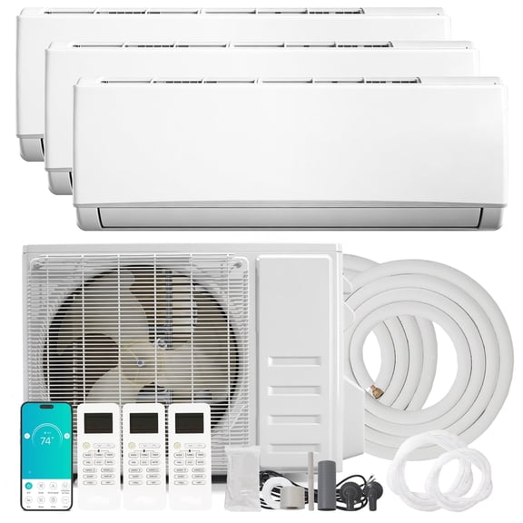 PhiloDeco 3-Zone 36000 BTU 20 SEER2 Wi-Fi Ductless Mini Split 12k/12k/18k BTU Wall-Mounted AC/Heaters, Pre-Charged Condenser & 25-Ft Line Sets, 208-230V