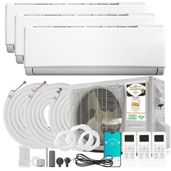 PhiloDeco 3-Zone 36000 BTU 20 SEER2 Wi-Fi Ductless AC/Heater – 12k+18k+18k BTU, Pre-Charged Condenser, 3x 25-Ft Lines, 208-230V