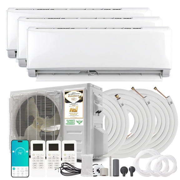 PhiloDeco 3-Zone 36000 BTU 20 SEER2 Wi-Fi Ductless Mini Split – 12000+18000+18000 BTU Wall-Mounted Inverter AC/Heaters, Pre-Charged Condenser with Three 25-Ft Line Sets, 208-230V