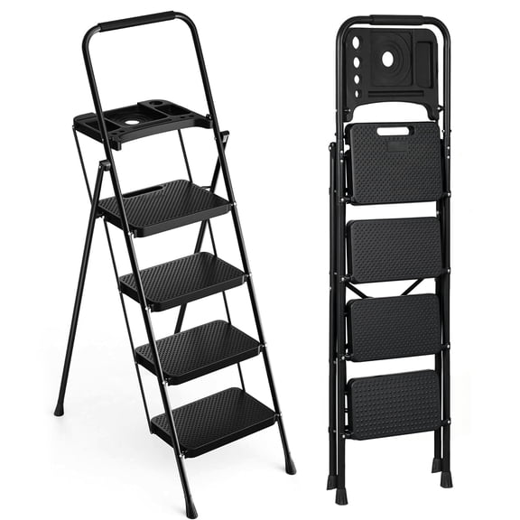 PhiloDeco 4 Step Ladder, Folding Step Stool with Tool Platform, 450lbs with Auto-Lock, Ultra-Thin Portable, Iron ladders, Rustproof & Multi-Purpose for Home Outdoor Garage