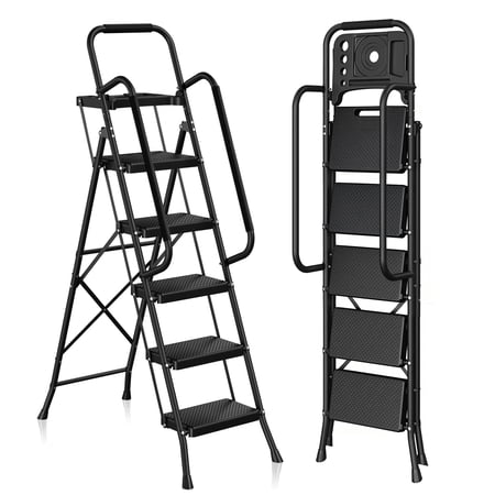PhiloDeco 5 Step Ladder with Handrails and Tool Tray, 450lbs Sturdy Step Stool Ladder with Anti-Slip Pedal, Safety Ladder for Adults, Portable Folding Ladders for Home, Kitchen, Office