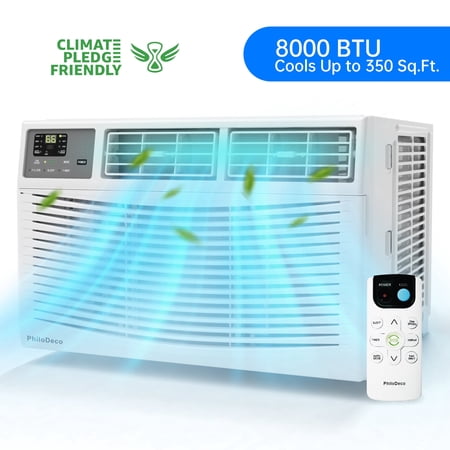 PhiloDeco 8000 BTU Window Air Conditioner 350 Sq. ft. Intelligent, LED Display Screen, with Remote Control,Ac Can Be Used as a Dehumidifier/Fan, Operates Quietly, Energy-Saving. Timer/Sleep and ECO
