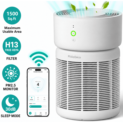 PhiloDeco Large Room Air Purifier for Home up to 1500 Sq Ft, Smart WiFi HEPA Air Cleaner with PM2.5 Display, Auto Pet, And Sleep Mode, Effectively Removes Dust, Pollen, And Wildfire Smoke