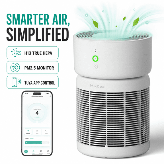 PhiloDeco Smart WiFi Air Purifier for Home Large Room, H13 True HEPA Filter, PM2.5 Air Quality Monitor, Quiet Sleep Mode, Tuya App Control for Pet Hair, Smoke, Dust and Pollen, White