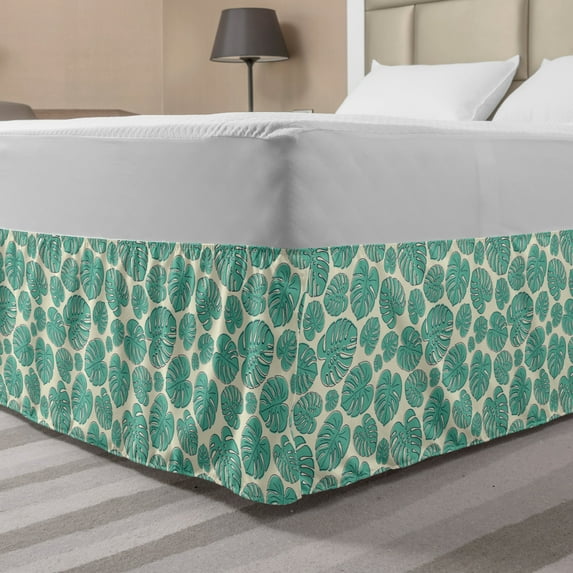 Philodendron Bed Skirt, Continuous Irregular Leaves Pattern with Botanical Summer Jungle, Elastic Bedskirt Dust Ruffle Wrap Around for Bedding Decor, 4 Sizes, Cream and Seafoam, by Ambesonne