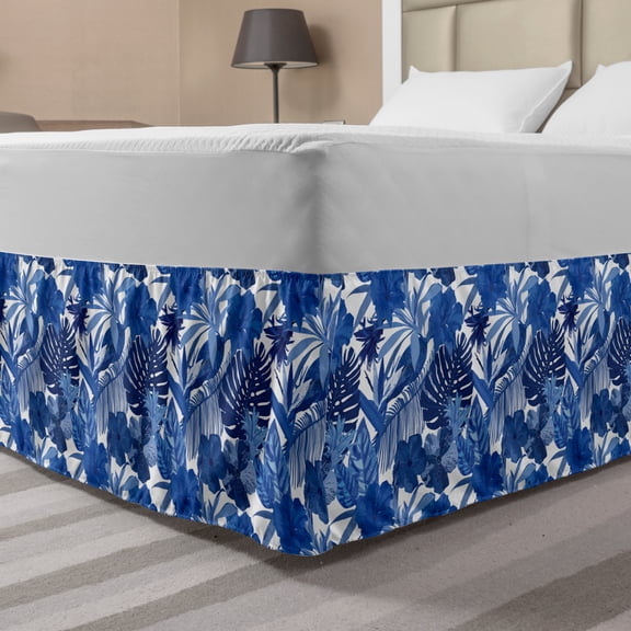 Philodendron Bed Skirt, Pattern with Tropical Leaves, Elastic Bedskirt Dust Ruffle Wrap Around for Bedding Decor, 4 Sizes, Cobalt Blue White, by Ambesonne