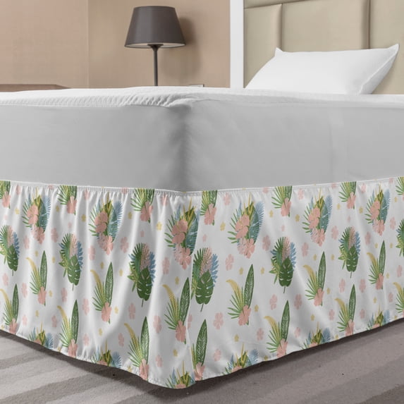 Philodendron Bed Skirt, Summer Tropic Pattern Leaves and Petals, Elastic Bedskirt Dust Ruffle Wrap Around for Bedding Decor, 4 Sizes, Reseda Green Blush, by Ambesonne