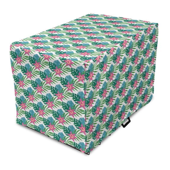 Philodendron Dog Crate Cover, Abstract Design Tropical Hawaiian Island Foliage, Easy to Use Pet Kennel Cover Small Dogs Puppies Kittens, 7 Sizes, Forest Green Pink, by Ambesonne