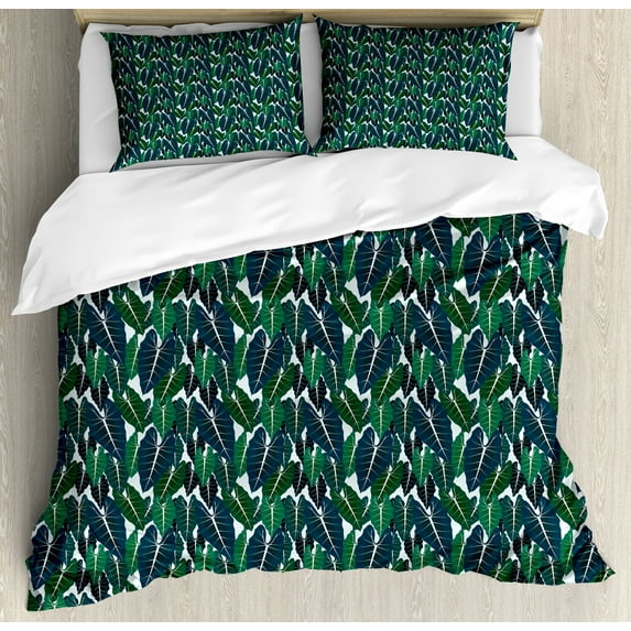 Philodendron Duvet Cover Set, Exotic Leaf Perennial Australian Local Plants Beach Foliage, Decorative 3 Piece Bedding Set with 2 Pillow Shams, Calking Size, Hunter Green and Petrol Blue, by Ambesonne