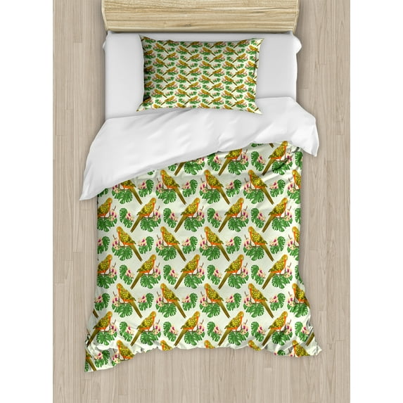 Philodendron Duvet Cover Set, Pattern of Exotic Parrot on Floral and Leafy Branch, Decorative 2 Piece Bedding Set with 1 Pillow Shams, Twin Size, Pastel Green Multicolor, by Ambesonne