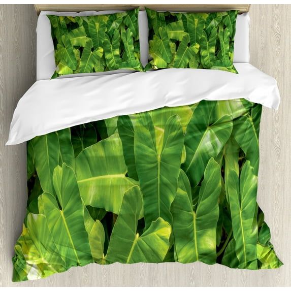 Philodendron Duvet Cover Set, Photo of Fresh Green Monstera Tropic Nature Botany, Decorative 3 Piece Bedding Set with 2 Pillow Shams, King Size, Yellow Olive Green, by Ambesonne