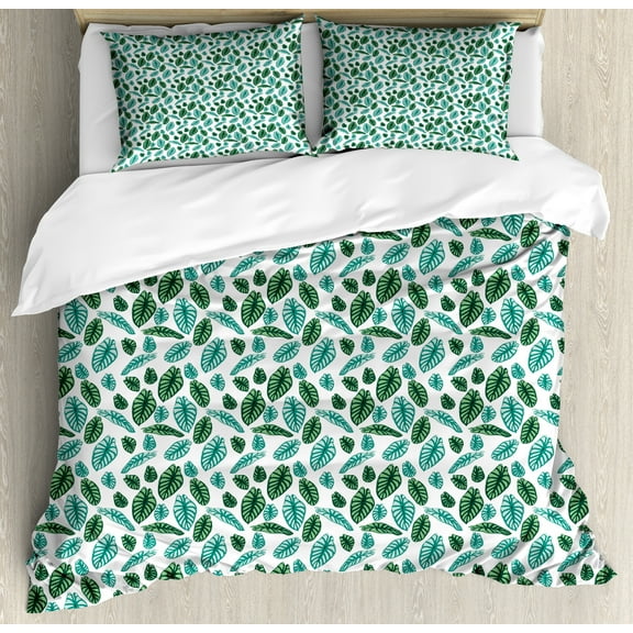 Philodendron Duvet Cover Set, Rhythmic Colorful Exotic Alocasia Leaves Print, Decorative 3 Piece Bedding Set with 2 Pillow Shams, Queen Size, Teal Mint Green, by Ambesonne