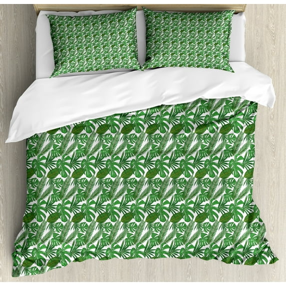 Philodendron Duvet Cover Set, Summer Repetition of Various Tropical Jungle Leaves, Decorative 3 Piece Bedding Set with 2 Pillow Shams, Calking Size, Fern Green Olive Green, by Ambesonne
