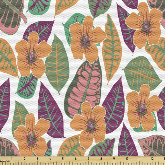 Philodendron Fabric by the Yard, Colorful Exotic Bold Hibiscus Monstera, Decorative Upholstery Fabric for Chairs & Home Accents, 1 Yard, Purple Dark Peach White by Ambesonne
